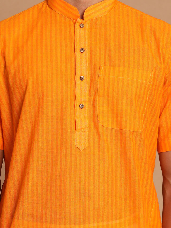 Sarvati Men's Orange Striped Cotton Kurta And Mundu Set