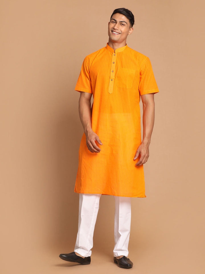 Sarvati Men's Orange Striped Cotton Kurta With Pyjama Set