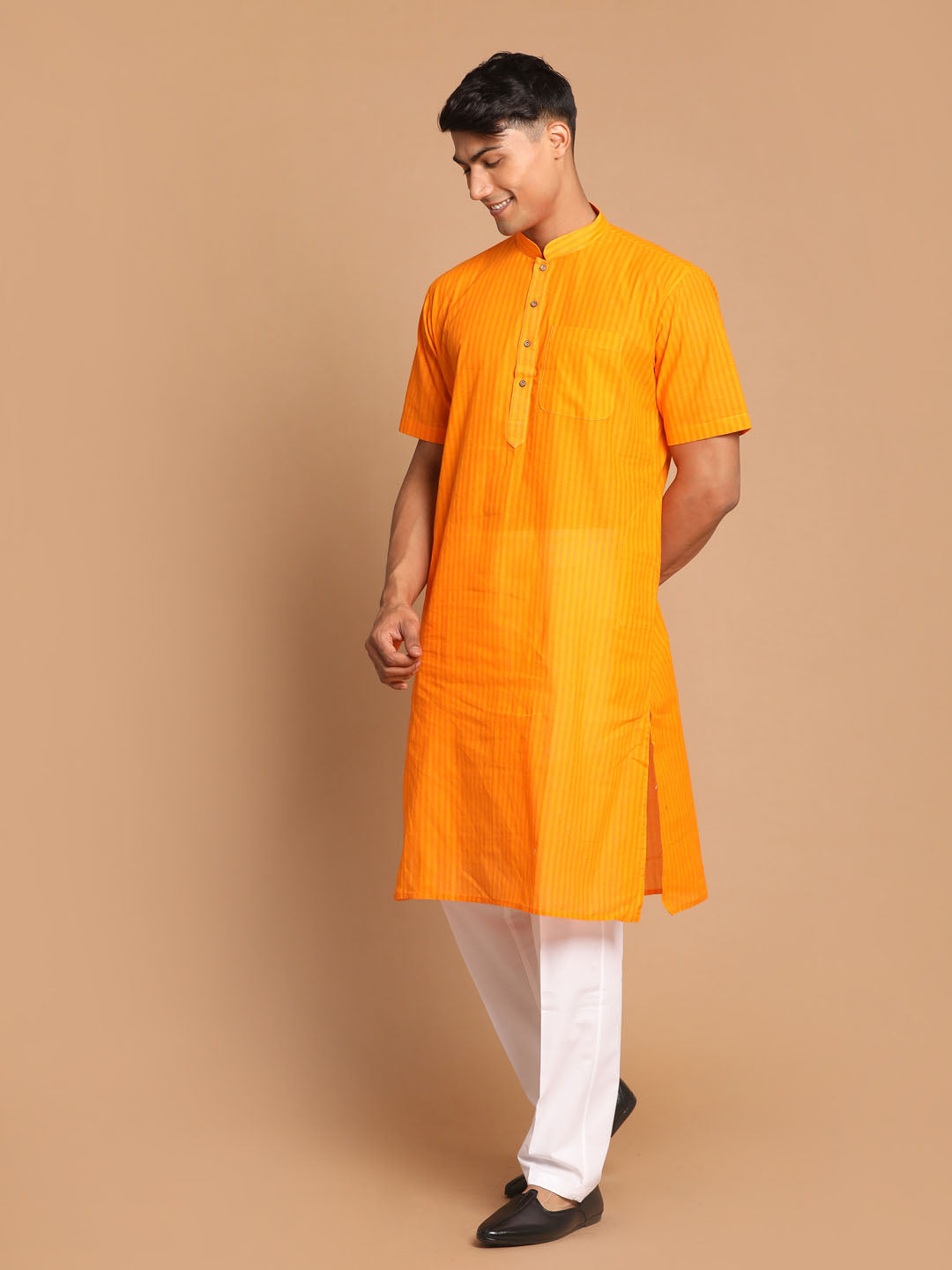 Sarvati Men's Orange Striped Cotton Kurta With Pyjama Set