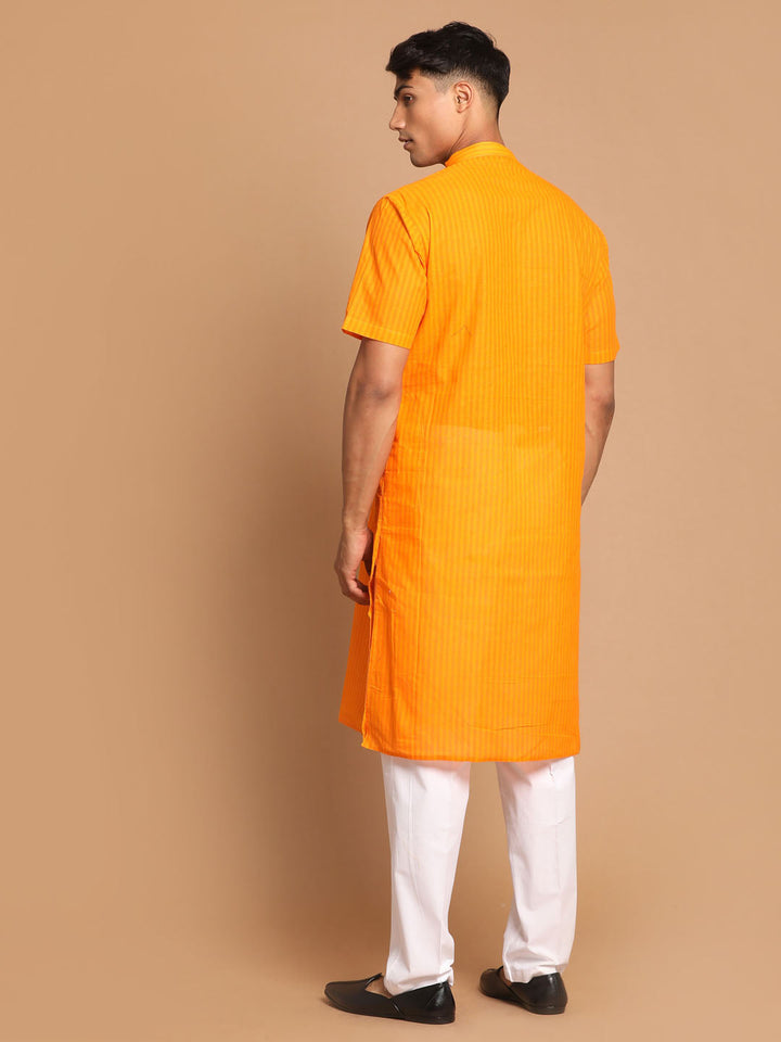 Sarvati Men's Orange Striped Cotton Kurta With Pyjama Set