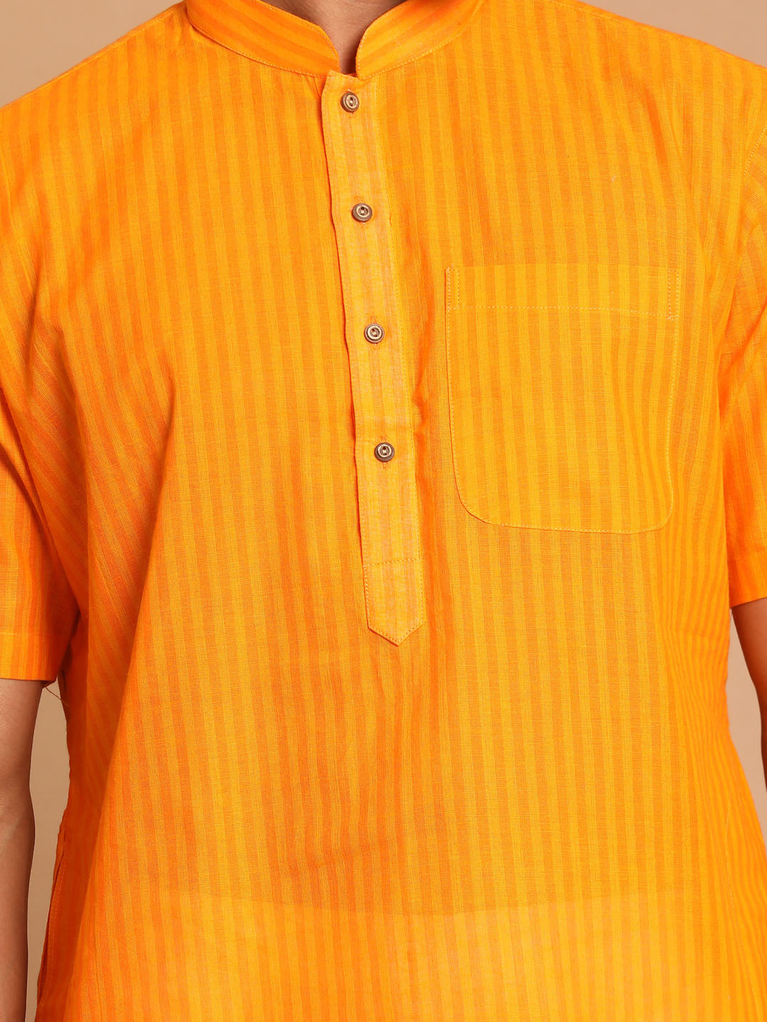 Sarvati Men's Orange Striped Cotton Kurta With Pyjama Set