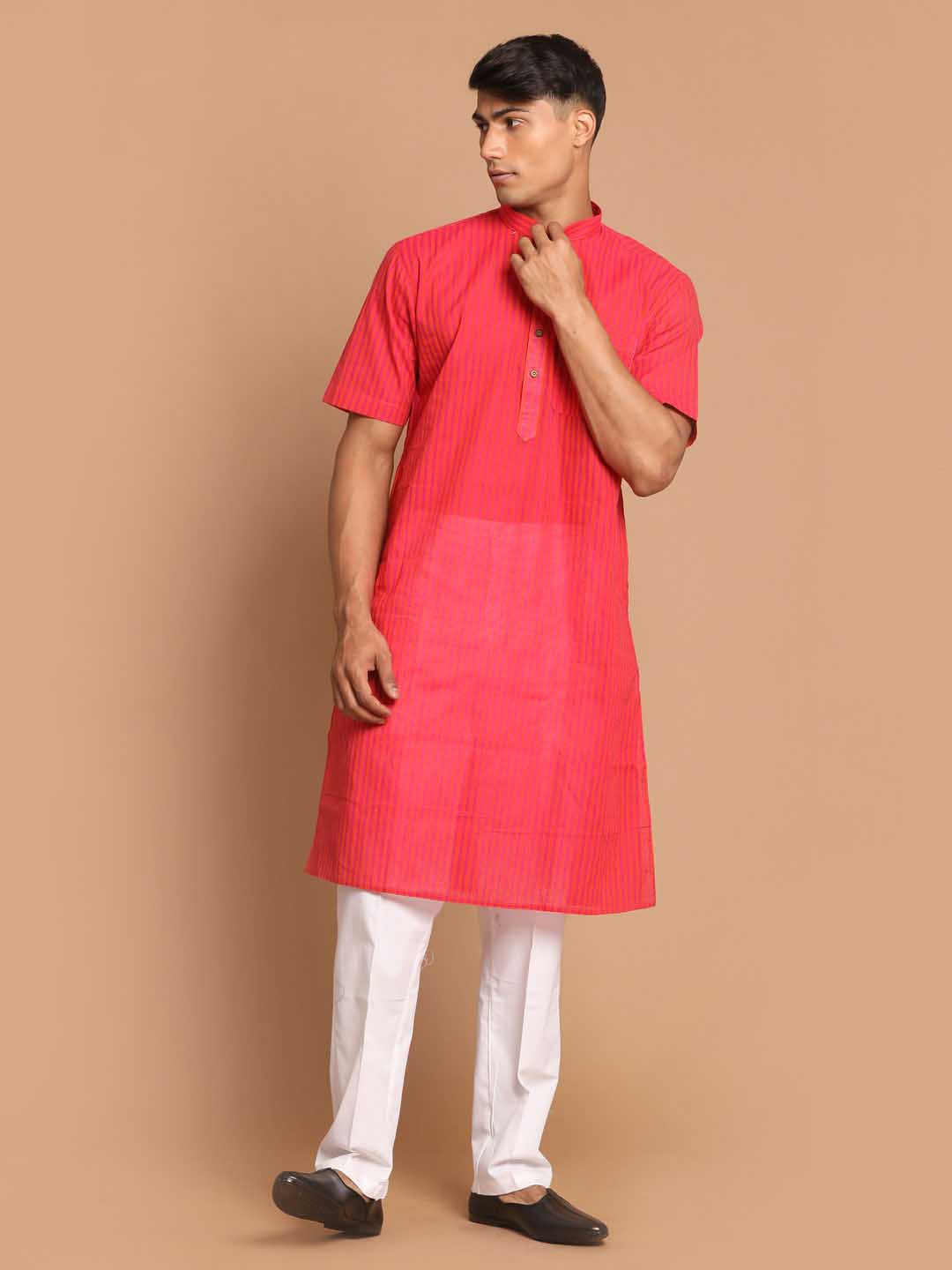Men's Pink Color Striped Kurta