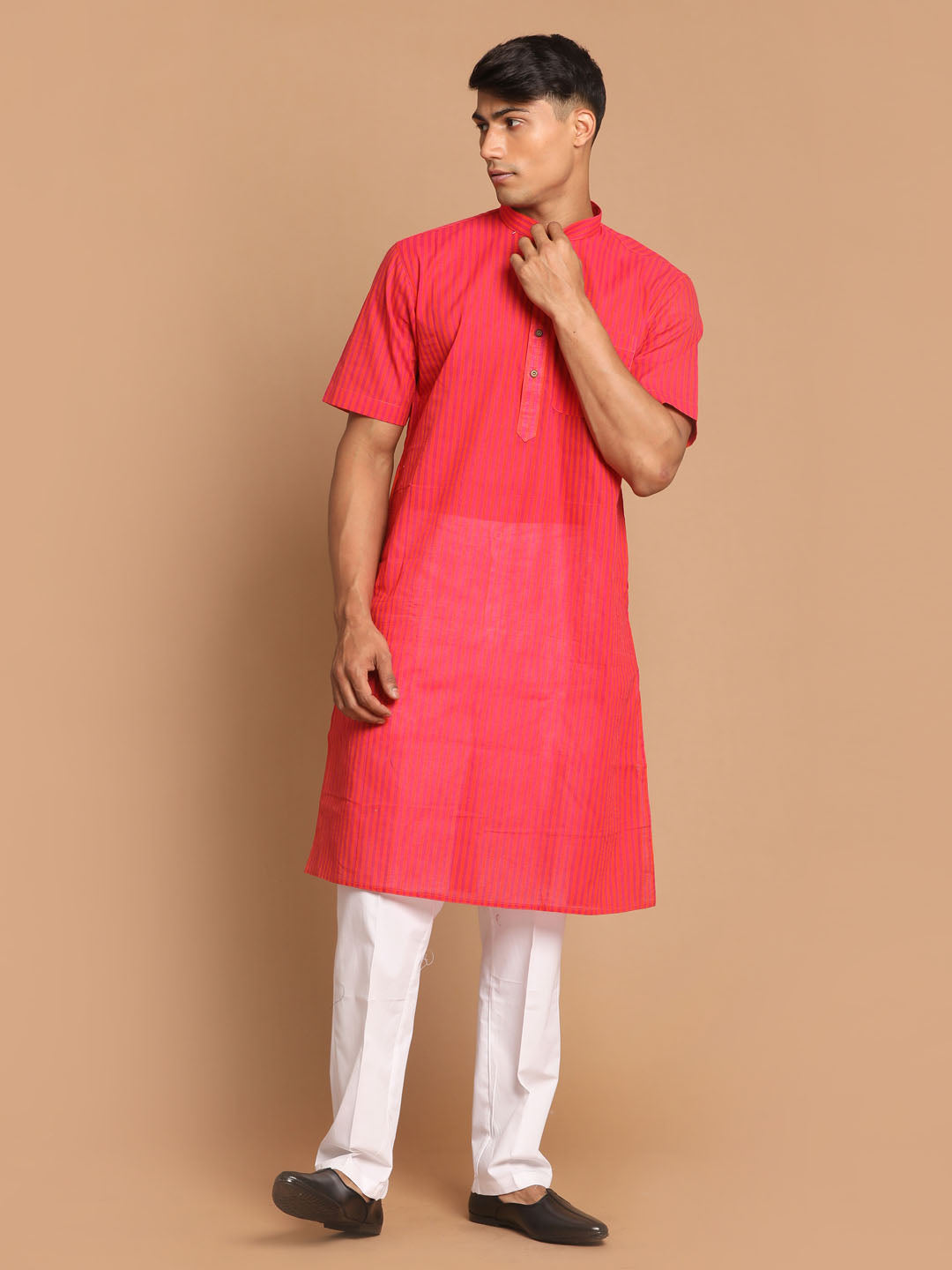 Sarvati Men's Pink Striped Cotton Kurta With White Pyjama Set