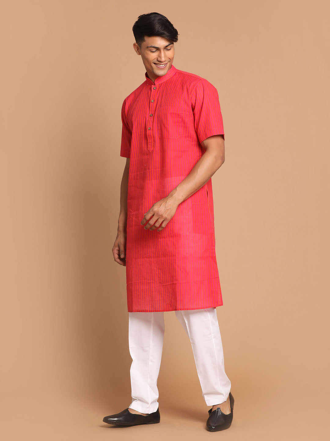 Sarvati Men's Pink Striped Cotton Kurta With White Pyjama Set