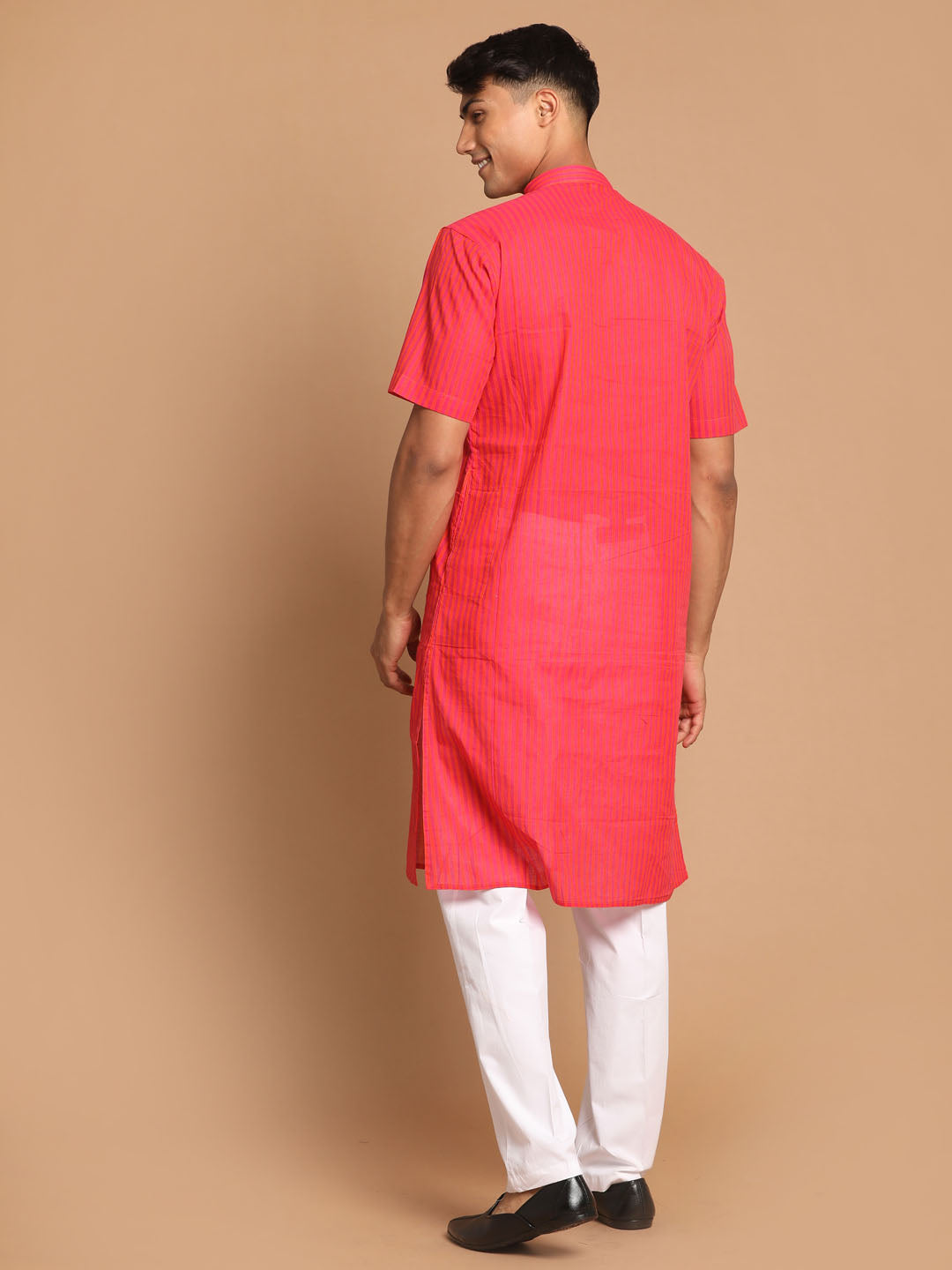 Sarvati Men's Pink Striped Cotton Kurta With White Pyjama Set