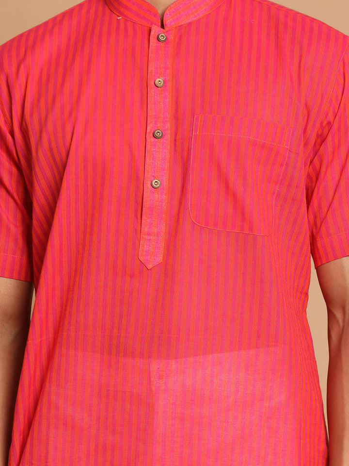 Sarvati Men's Pink Striped Cotton Kurta With White Pyjama Set