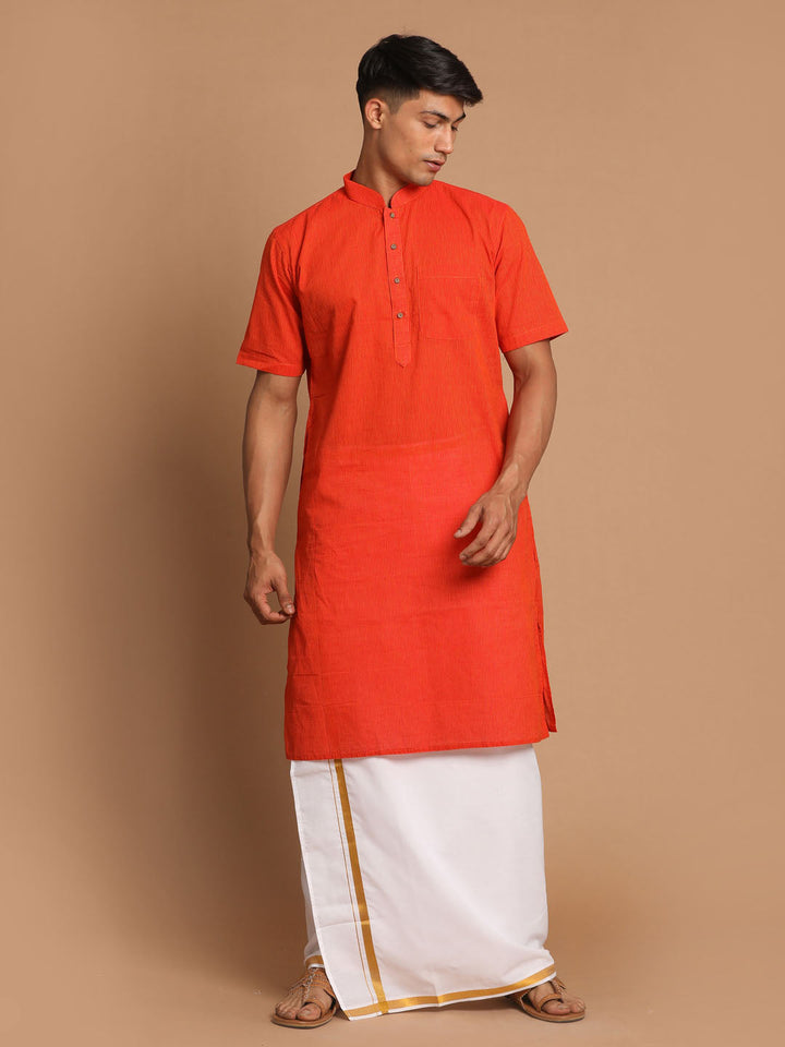 Sarvati Men's Orange Pure Cotton Striped Kurta And Mundu Set