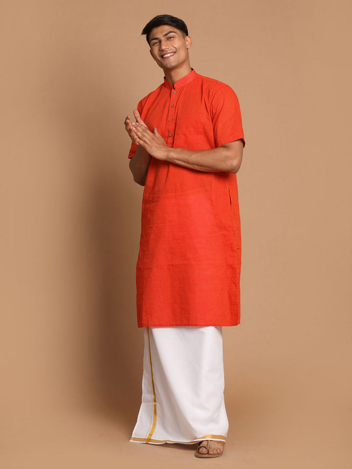 Sarvati Men's Orange Pure Cotton Striped Kurta And Mundu Set