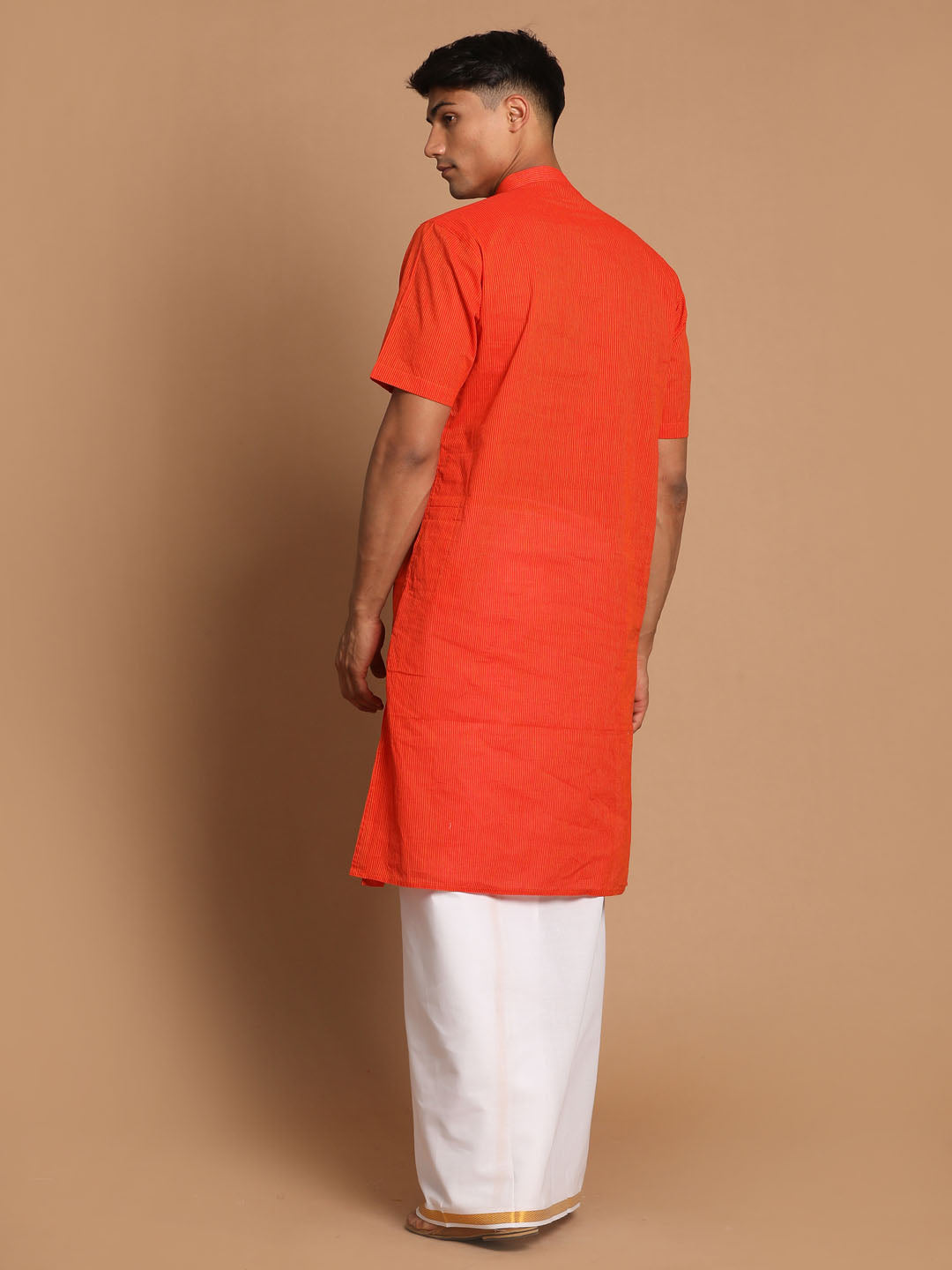 Sarvati Men's Orange Pure Cotton Striped Kurta And Mundu Set