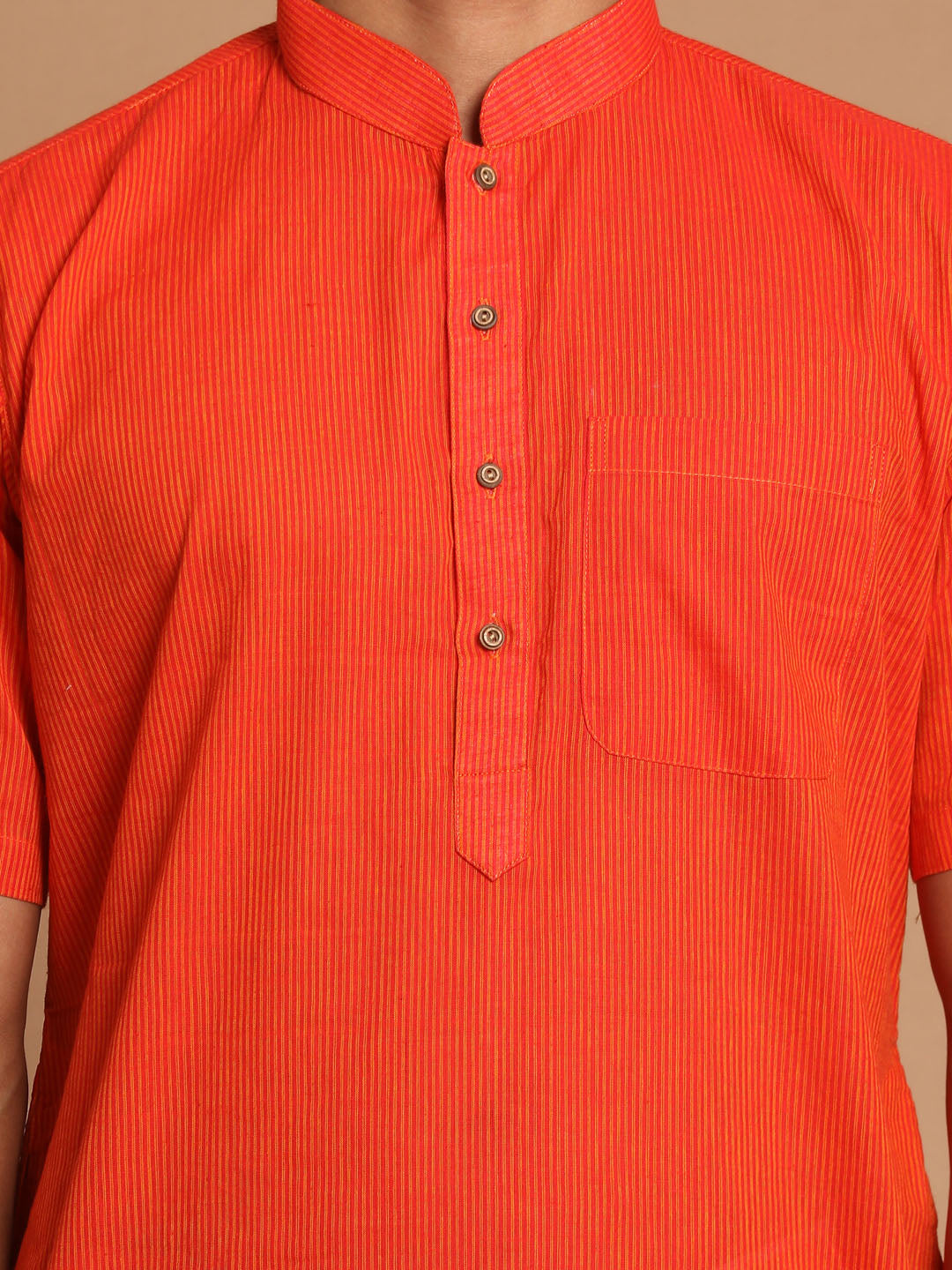 Sarvati Men's Orange Pure Cotton Striped Kurta And Mundu Set