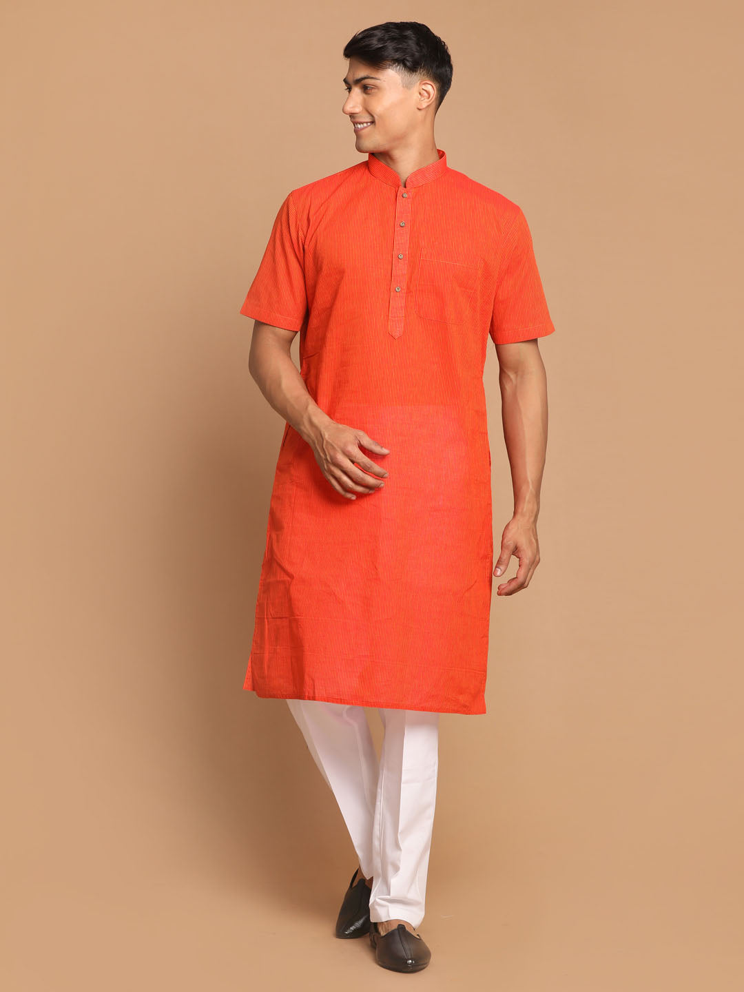 Sarvati Men's Orange Striped Pure Cotton Kurta with Pyjamas