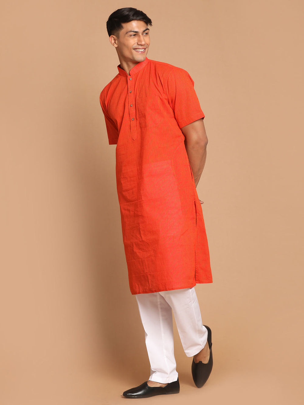 Sarvati Men's Orange Striped Pure Cotton Kurta with Pyjamas