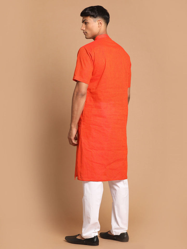 Sarvati Men's Orange Striped Pure Cotton Kurta with Pyjamas