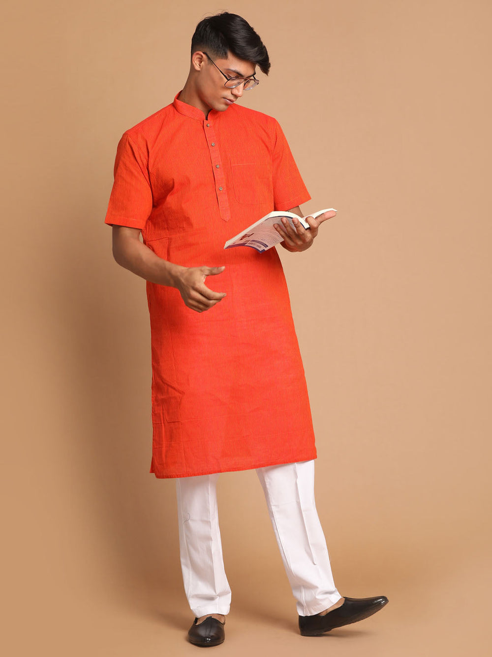 Sarvati Men's Orange Striped Kurta With White Pant style Cotton Pyjama Set