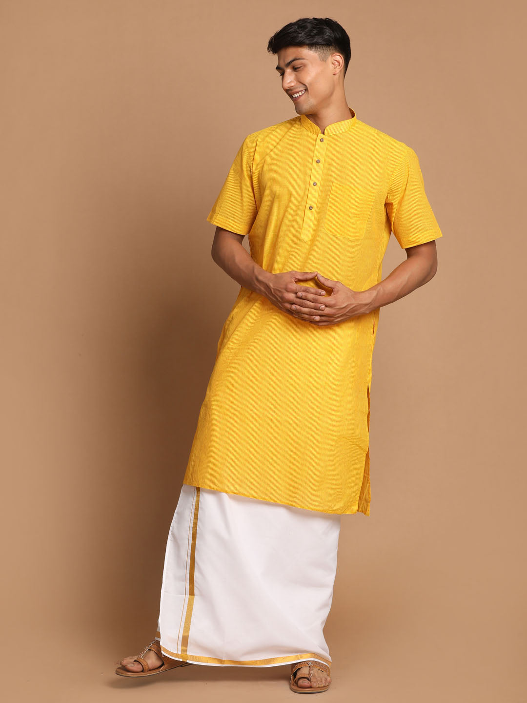 Sarvati Men's Yellow Pure Cotton Striped Kurta And Mundu Set