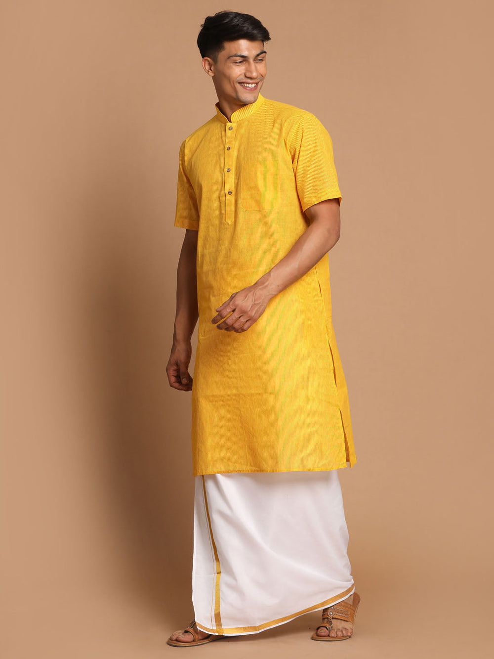 Sarvati Men's Yellow Pure Cotton Striped Kurta And Mundu Set