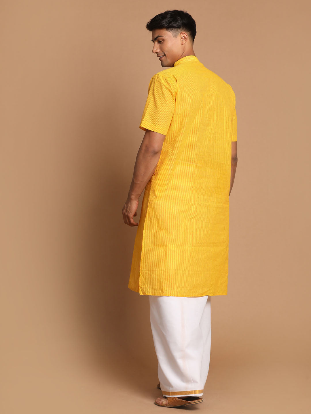 Sarvati Men's Yellow Pure Cotton Striped Kurta And Mundu Set