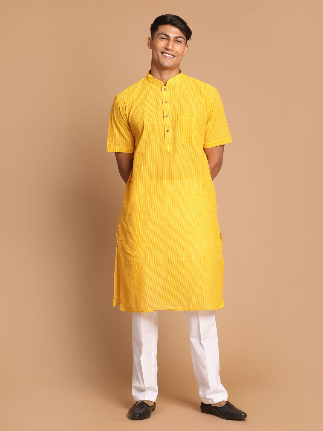 Sarvati Men's Yellow Striped Pure Cotton Kurta with Pant