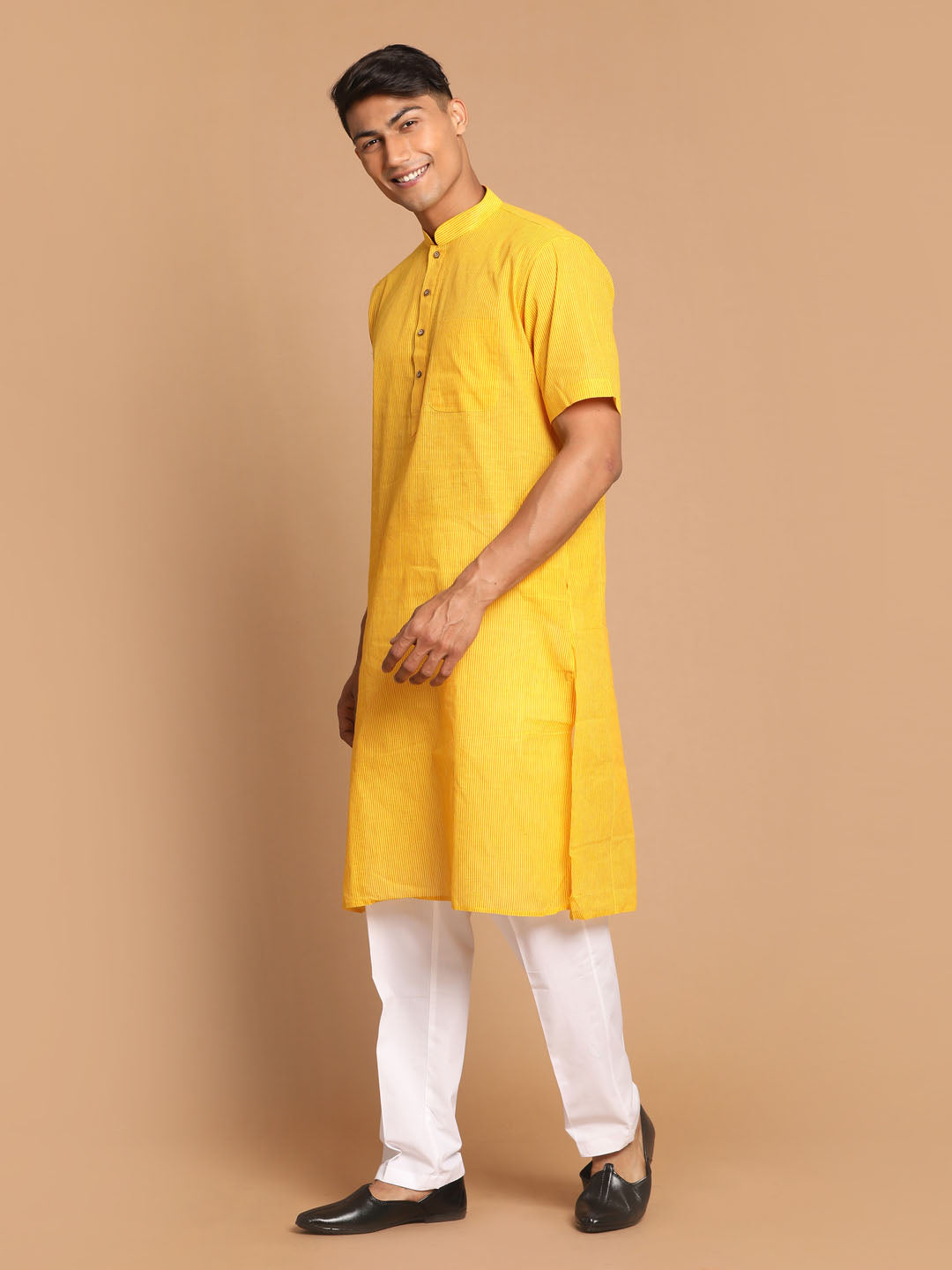 Sarvati Men's Yellow Striped Pure Cotton Kurta with Pant