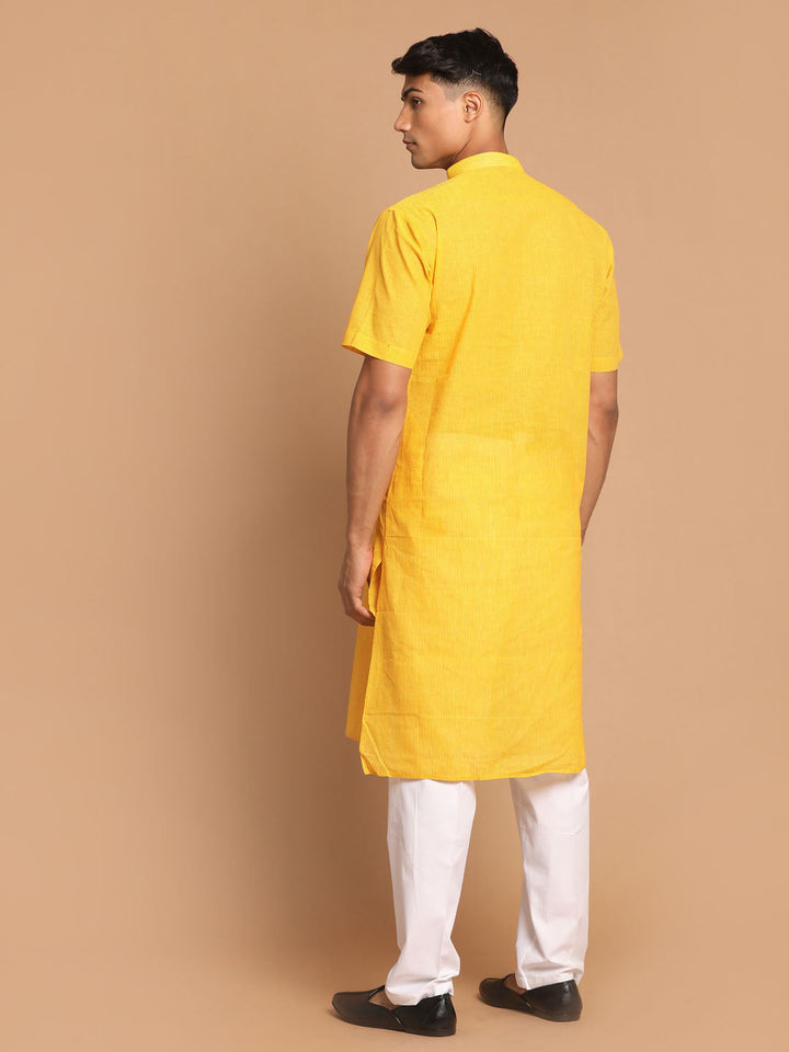 Sarvati Men's Yellow Striped Pure Cotton Kurta with Pant