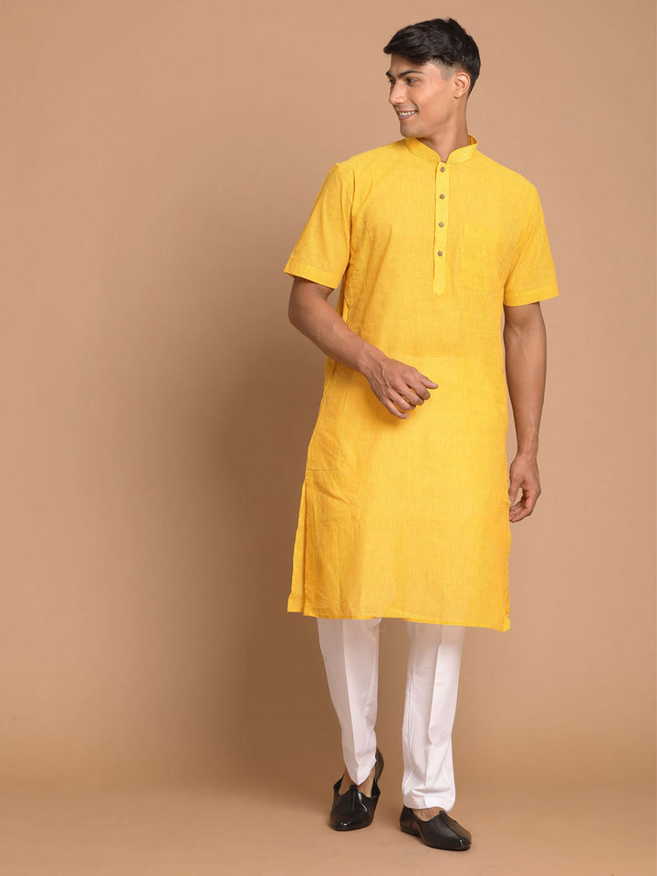 Sarvati Men's Yellow Striped Kurta with White Pant style Cotton Pyjama Set