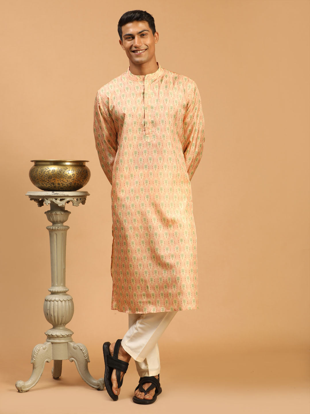 Sarvati Men's Pink Silk Blend Printed Kurta With Cream Viscose Pant Set