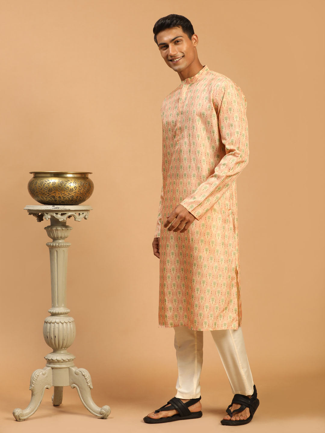 Sarvati Men's Pink Silk Blend Printed Kurta With Cream Viscose Pant Set