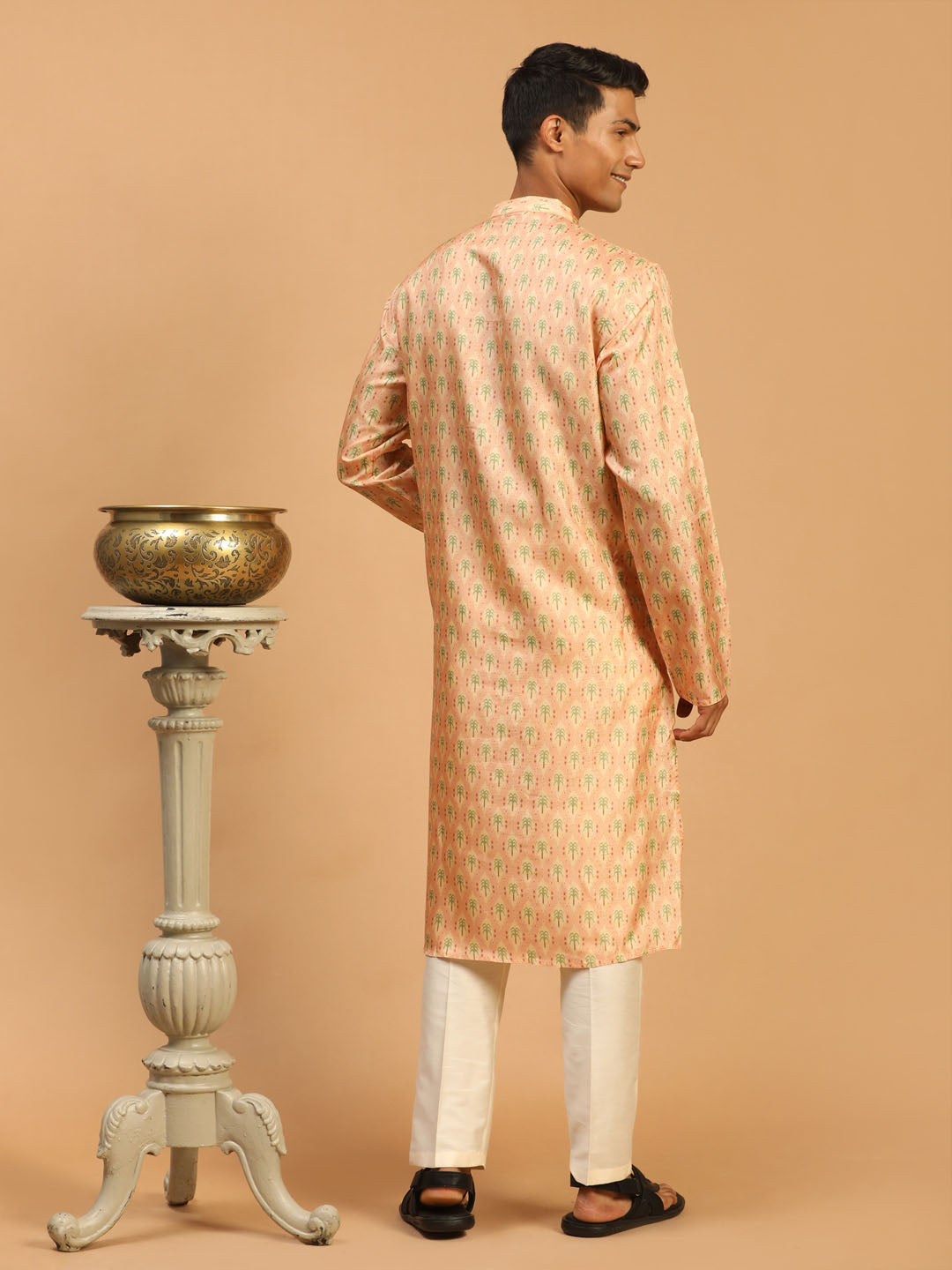 Sarvati Men's Pink Silk Blend Printed Kurta With Cream Viscose Pant Set