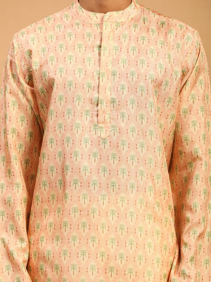 Sarvati Men's Pink Silk Blend Printed Kurta With Cream Viscose Pant Set