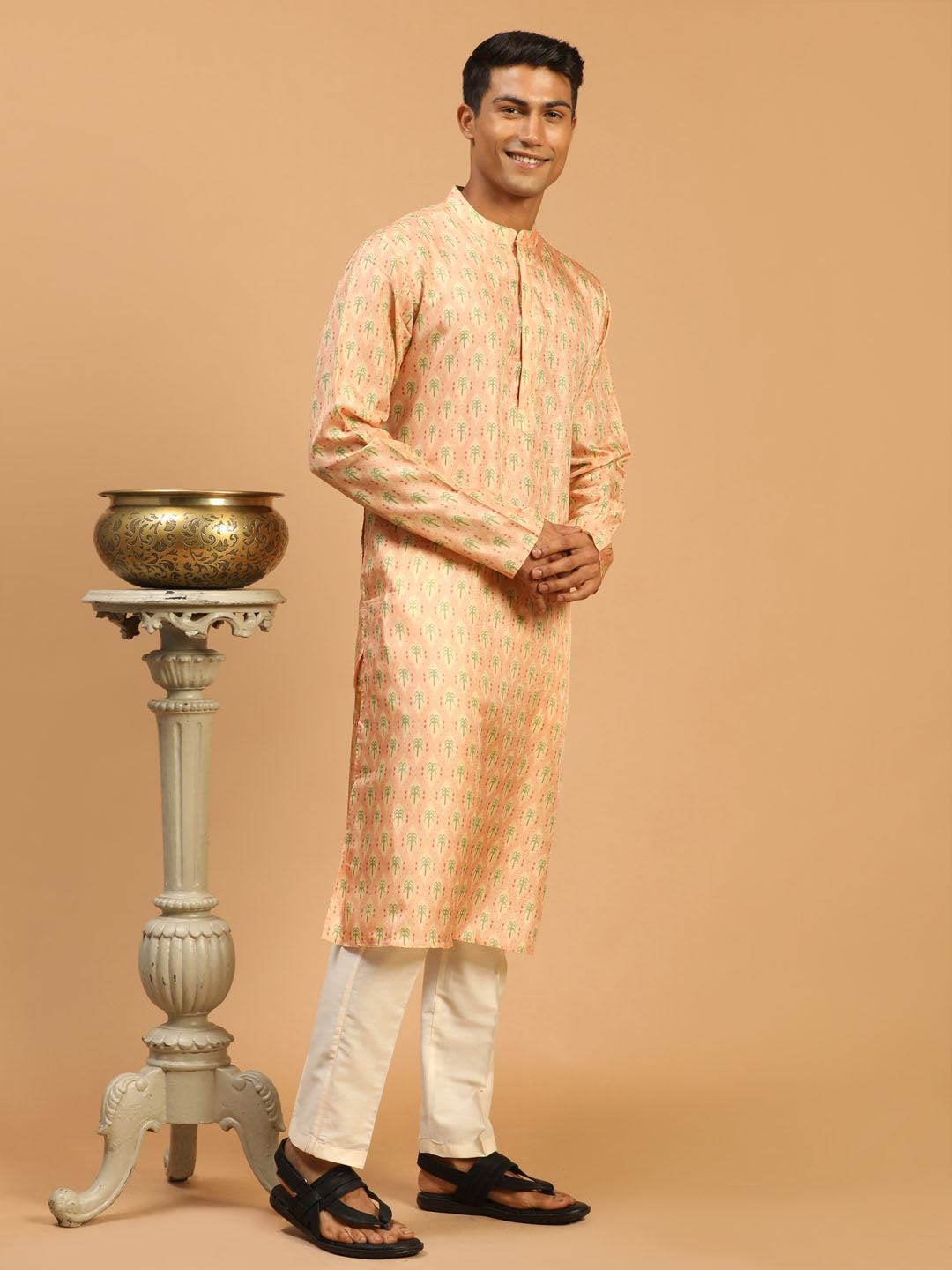 Sarvati Men's Pink Silk Blend Printed Kurta With Cream Viscose Pant Set