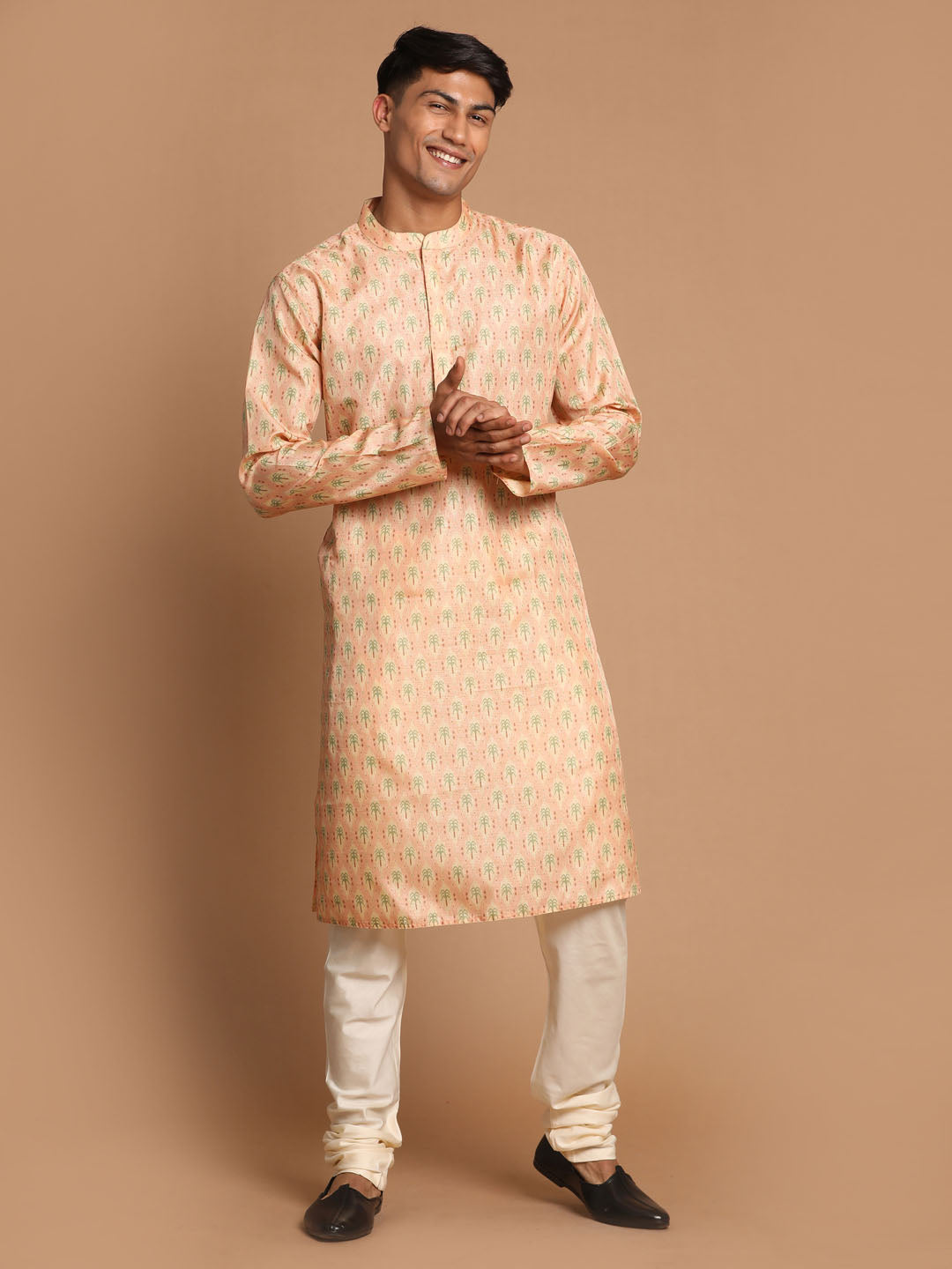 Sarvati Men's Pink Silk Blend Printed Kurta with Cream Pyjama Set