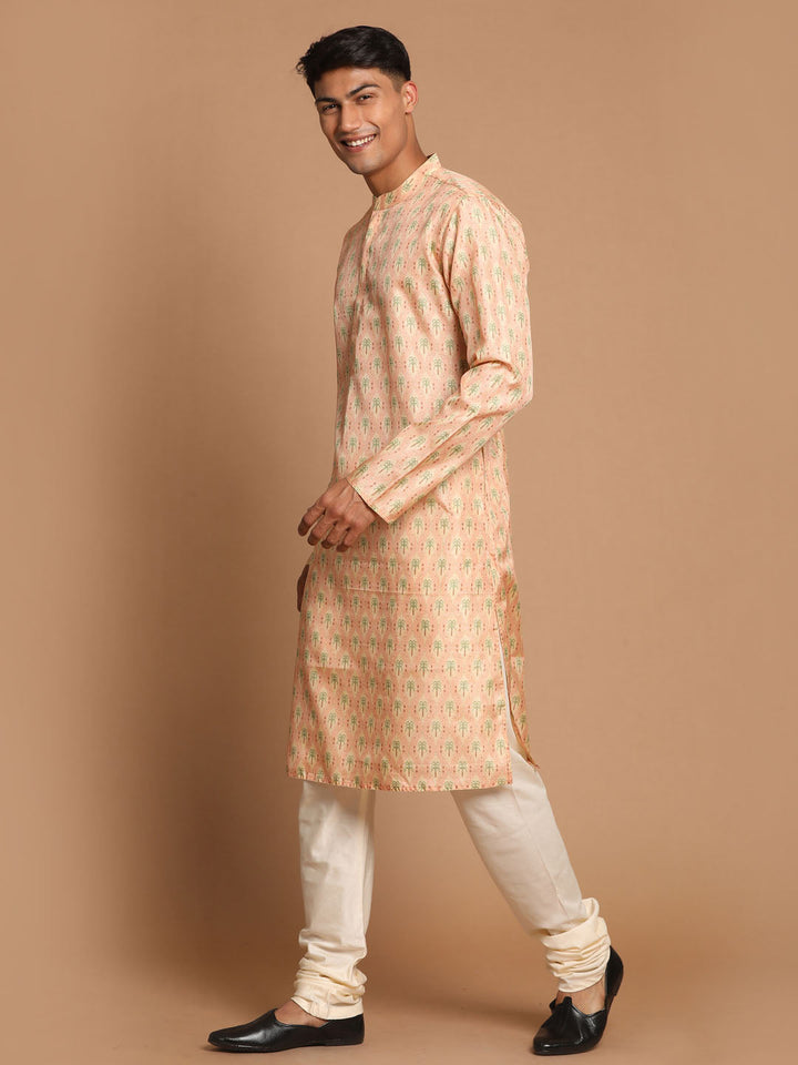 Sarvati Men's Pink Silk Blend Printed Kurta with Cream Pyjama Set