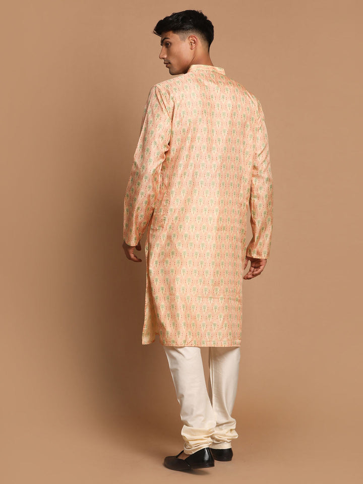 Sarvati Men's Pink Silk Blend Printed Kurta with Cream Pyjama Set