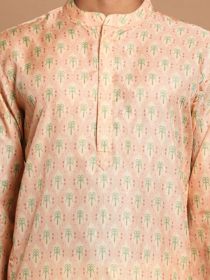 Sarvati Men's Pink Silk Blend Printed Kurta with Cream Pyjama Set