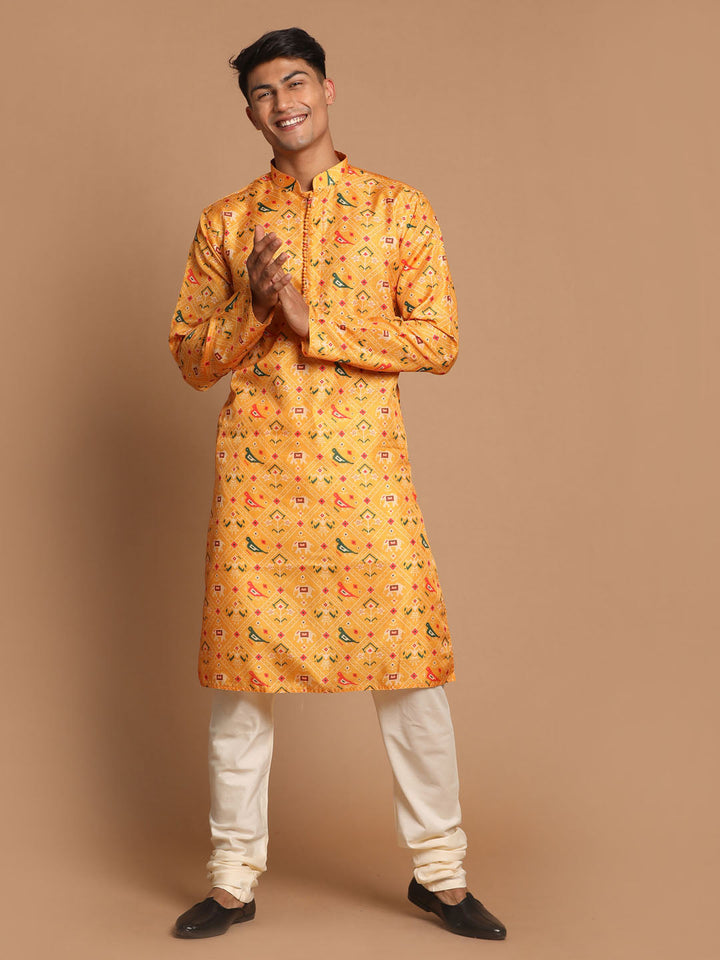 Sarvati Men's Yellow Silk Blend Ethnic Kurta with Cream Pyjamas Set