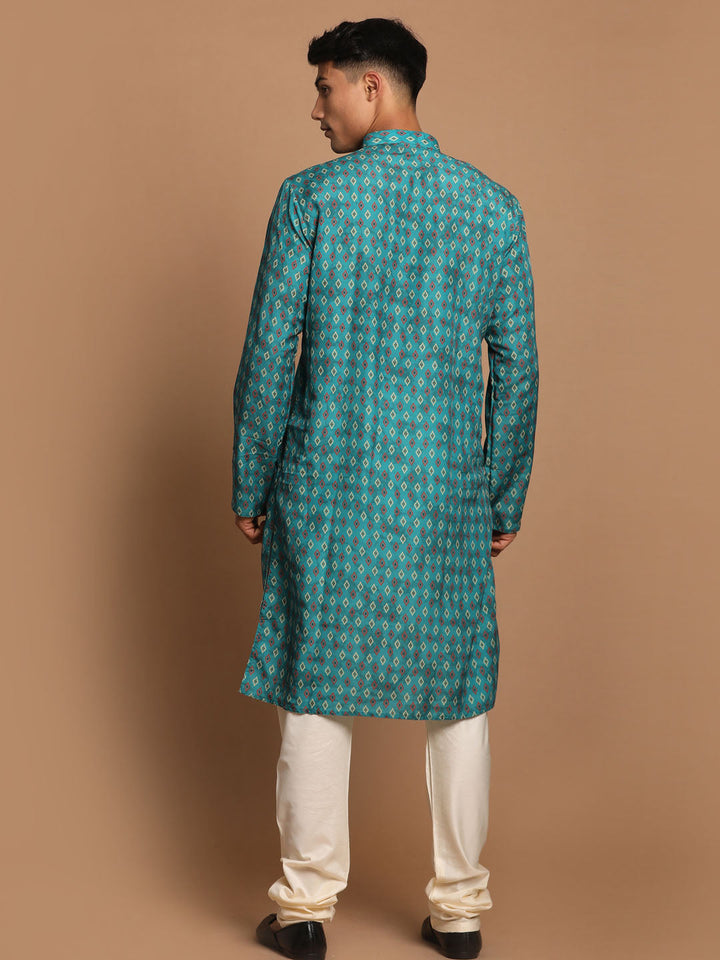 Sarvati Men's Green Ethnic Kurta with Cream Pyjama Set