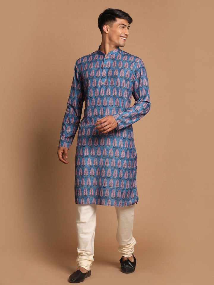 Sarvati Men's Blue Ethnic Kurta with Cream Pyjama Set