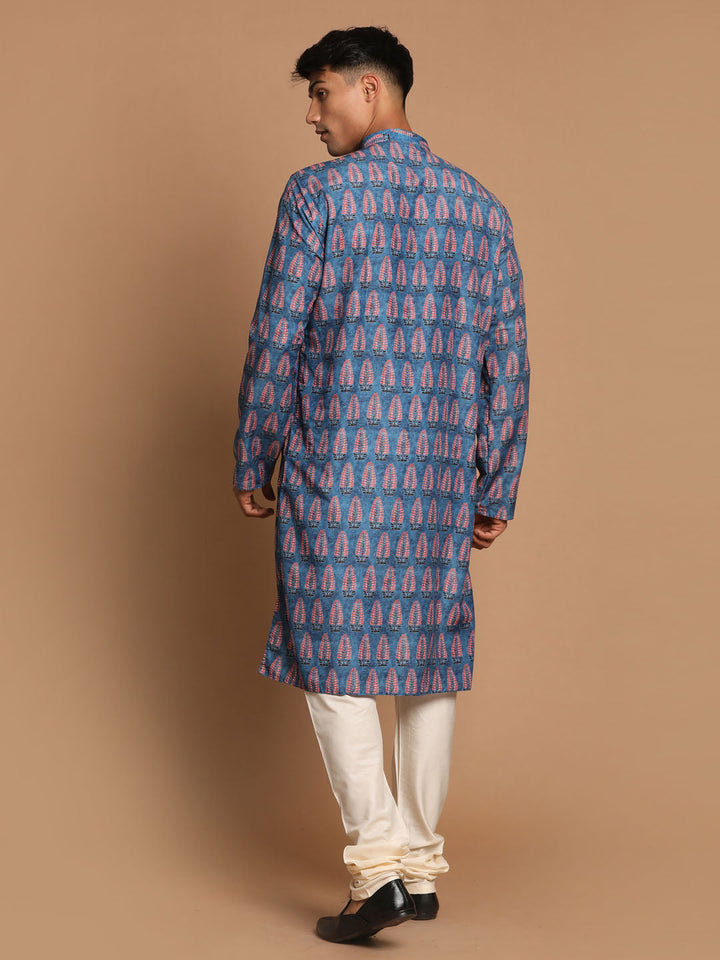 Sarvati Men's Blue Ethnic Kurta with Cream Pyjama Set