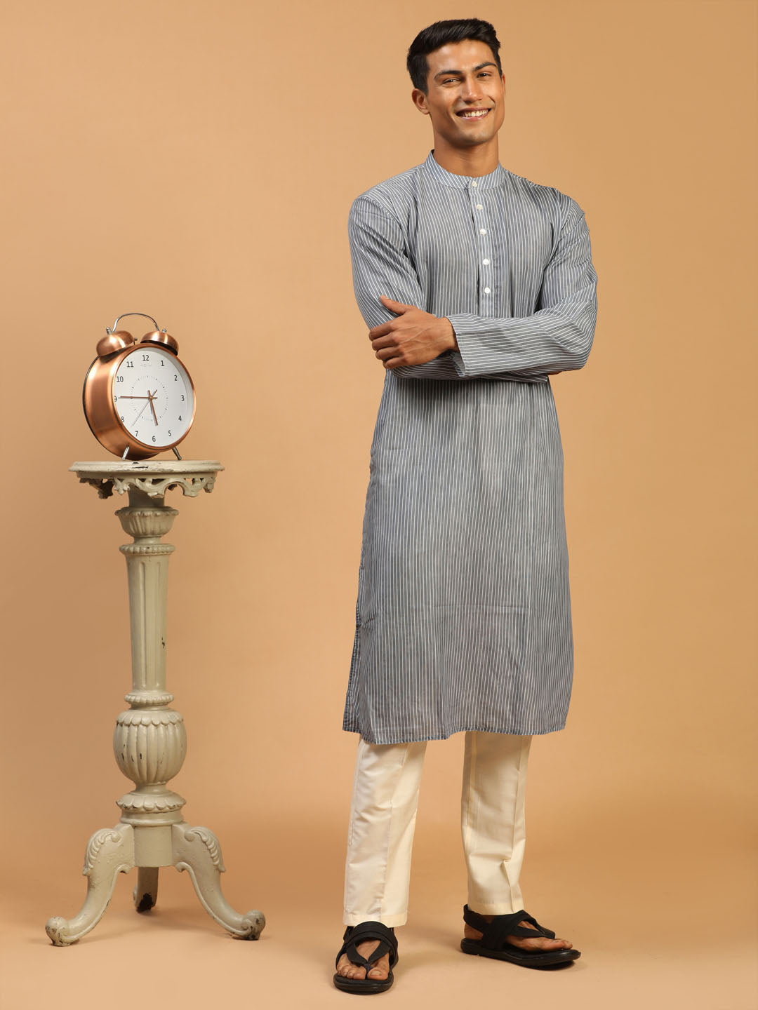 Sarvati Men's Grey Striped Kurta With Cream Viscose Pant Set