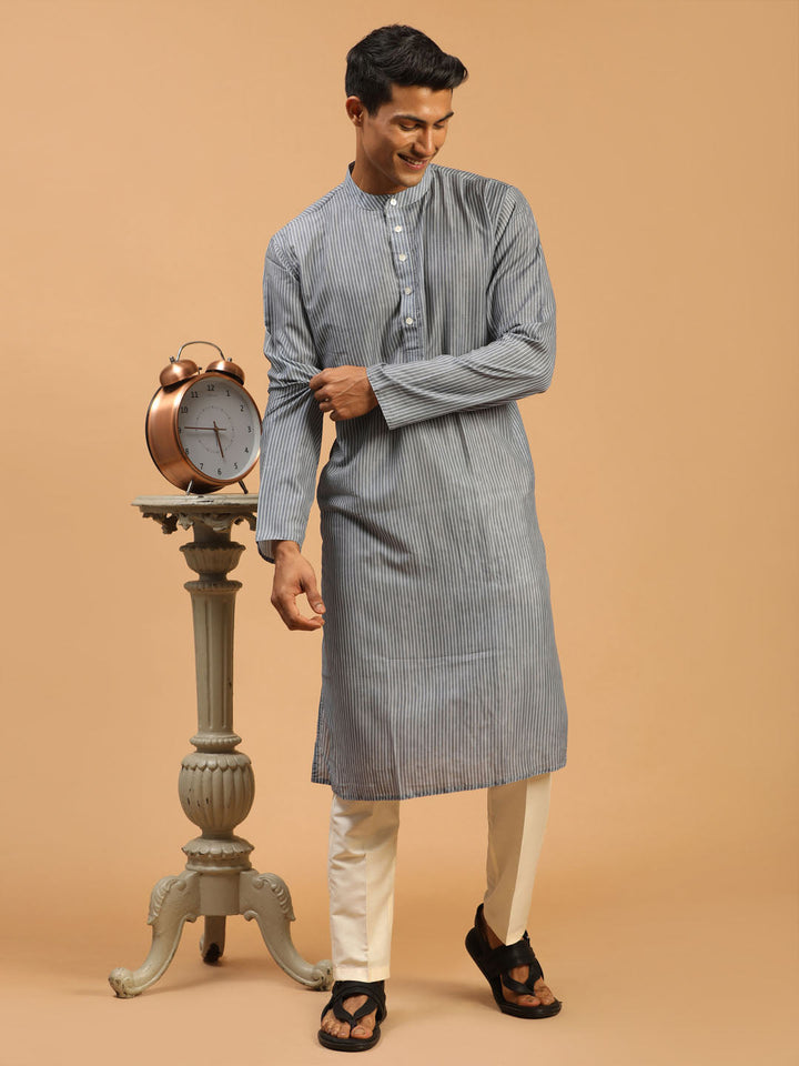 Sarvati Men's Grey Striped Kurta With Cream Viscose Pant Set