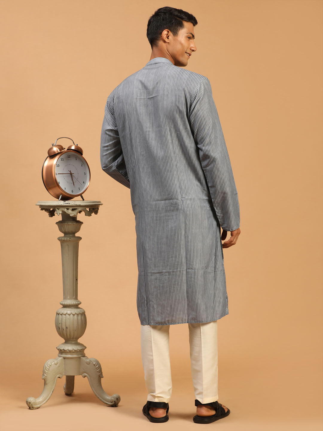 Sarvati Men's Grey Striped Kurta With Cream Viscose Pant Set