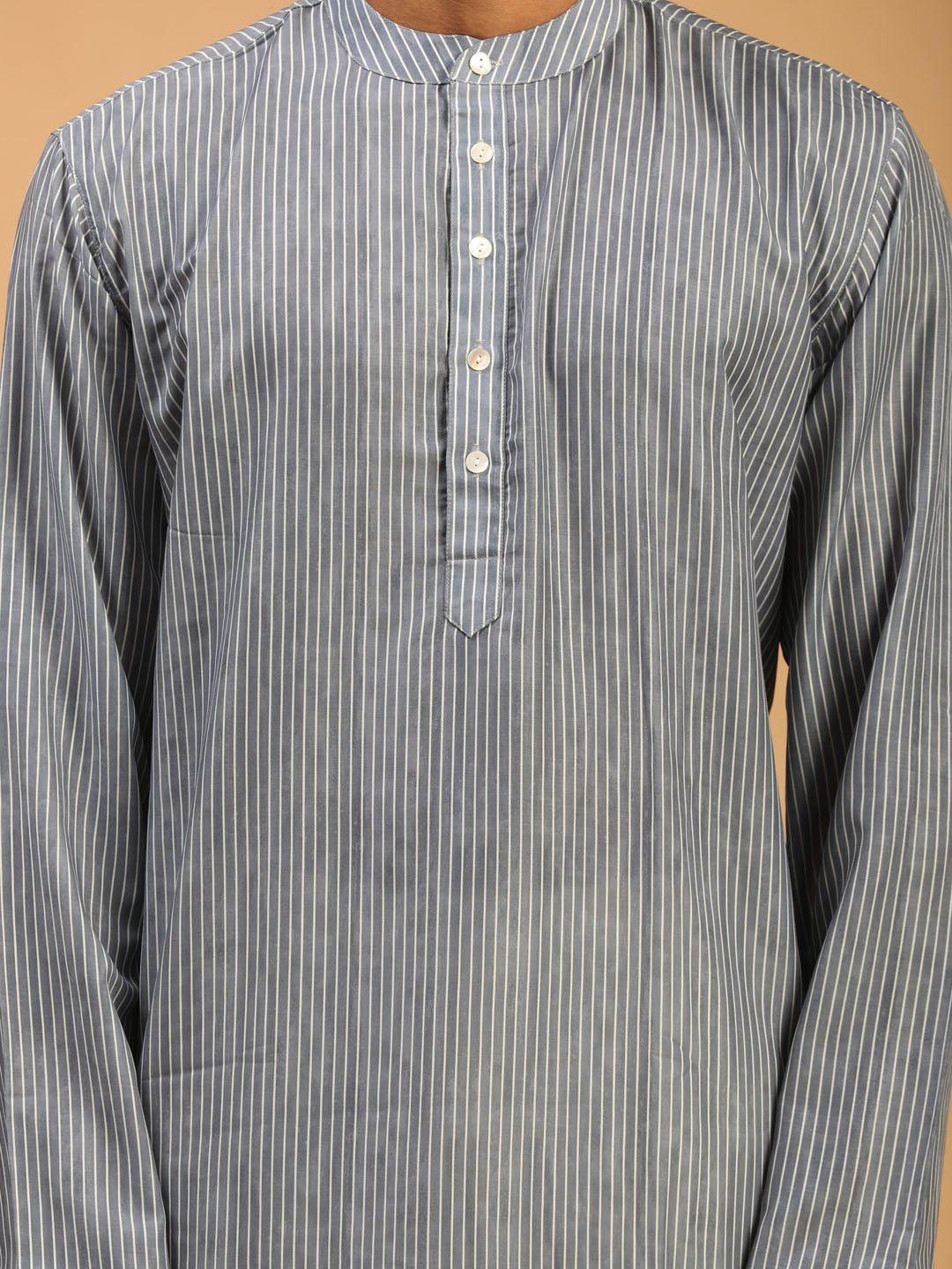 Sarvati Men's Grey Striped Kurta With Cream Viscose Pant Set