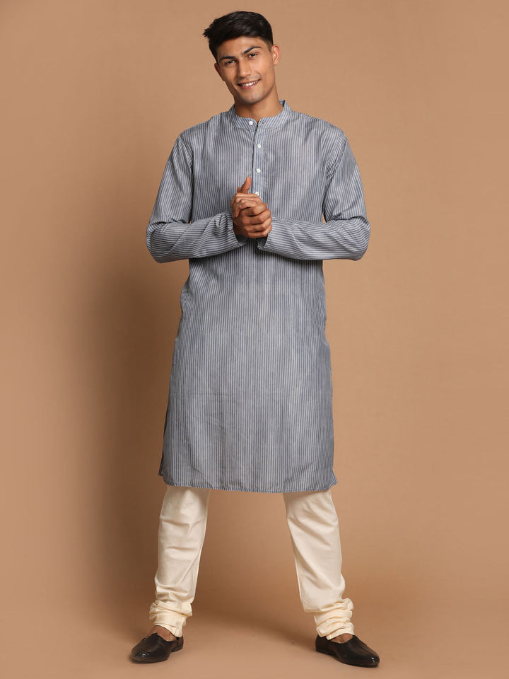 Sarvati Men's Grey Striped Kurta with Cream Pyjamas Set