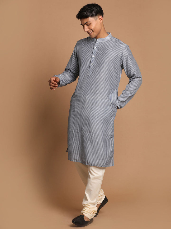 Sarvati Men's Grey Striped Kurta with Cream Pyjamas Set