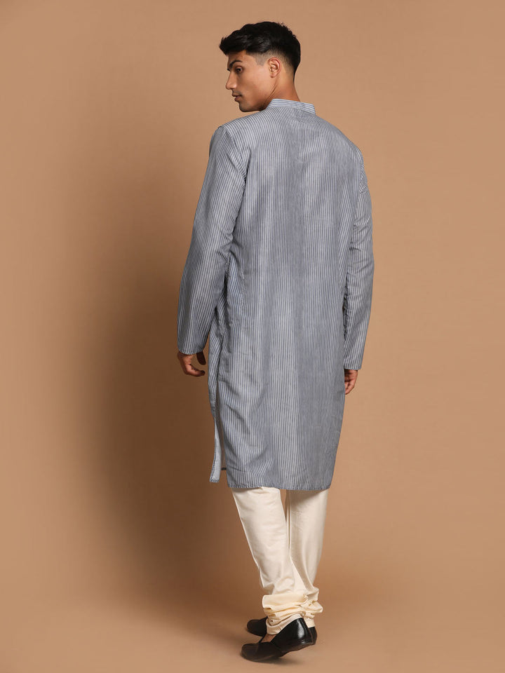 Sarvati Men's Grey Striped Kurta with Cream Pyjamas Set