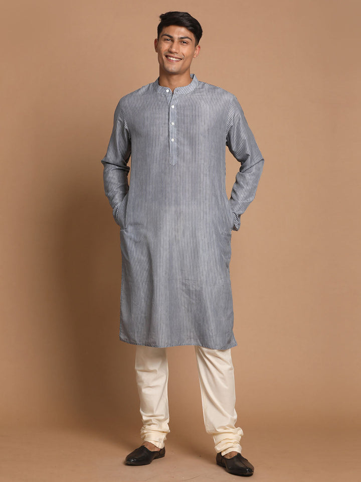 Sarvati Men's Grey Striped Kurta with Cream Pyjamas Set