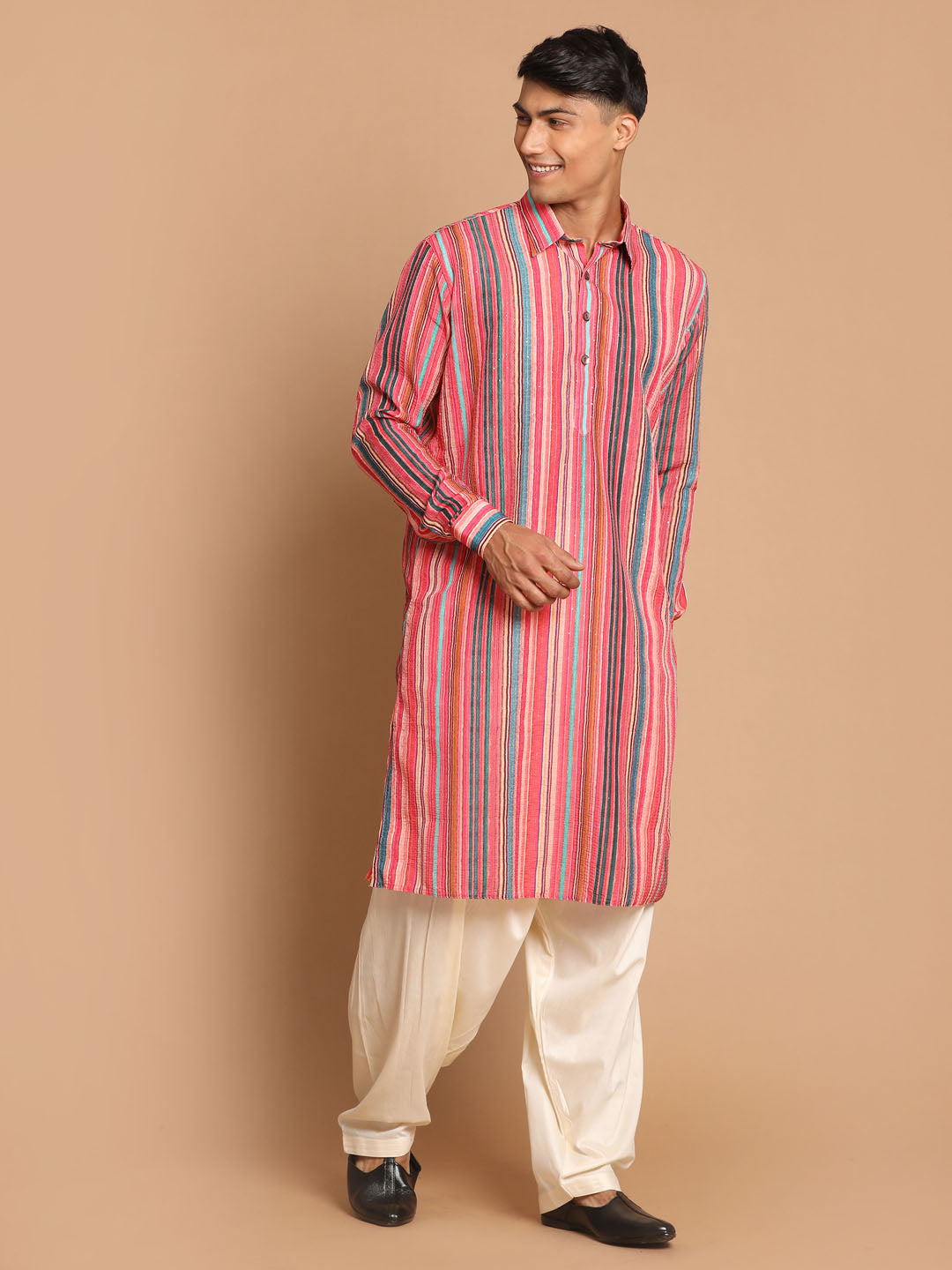 Sarvati Men's Multi-Color Embellished Kurta With Cream Patiala Pyjama