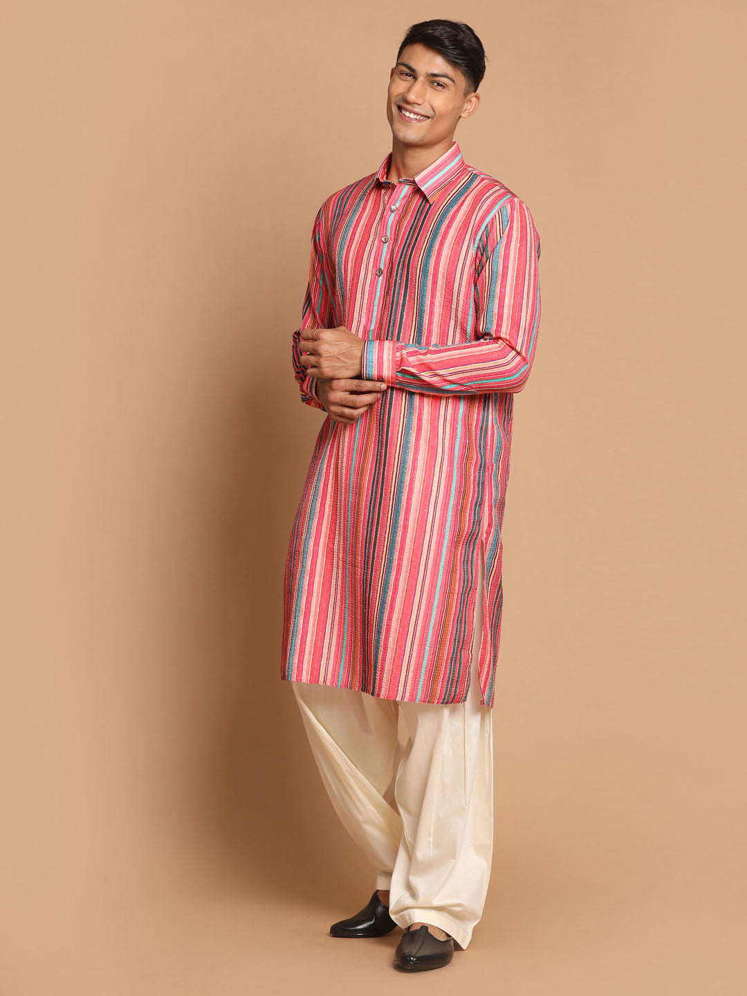 Sarvati Men's Multi-Color Embellished Kurta With Cream Patiala Pyjama