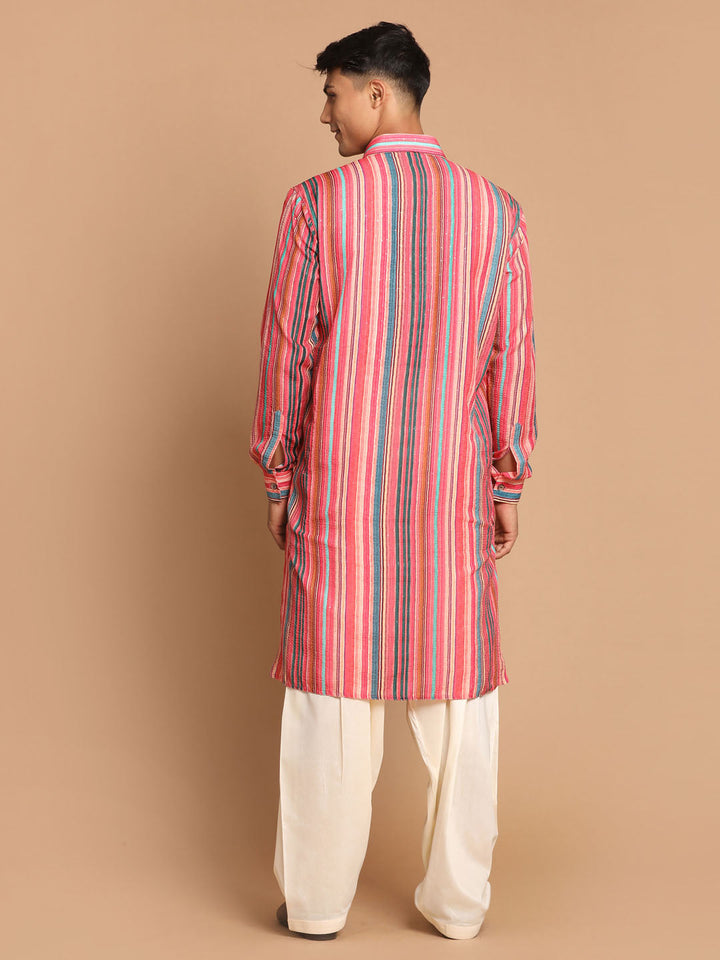 Sarvati Men's Multi-Color Embellished Kurta With Cream Patiala Pyjama