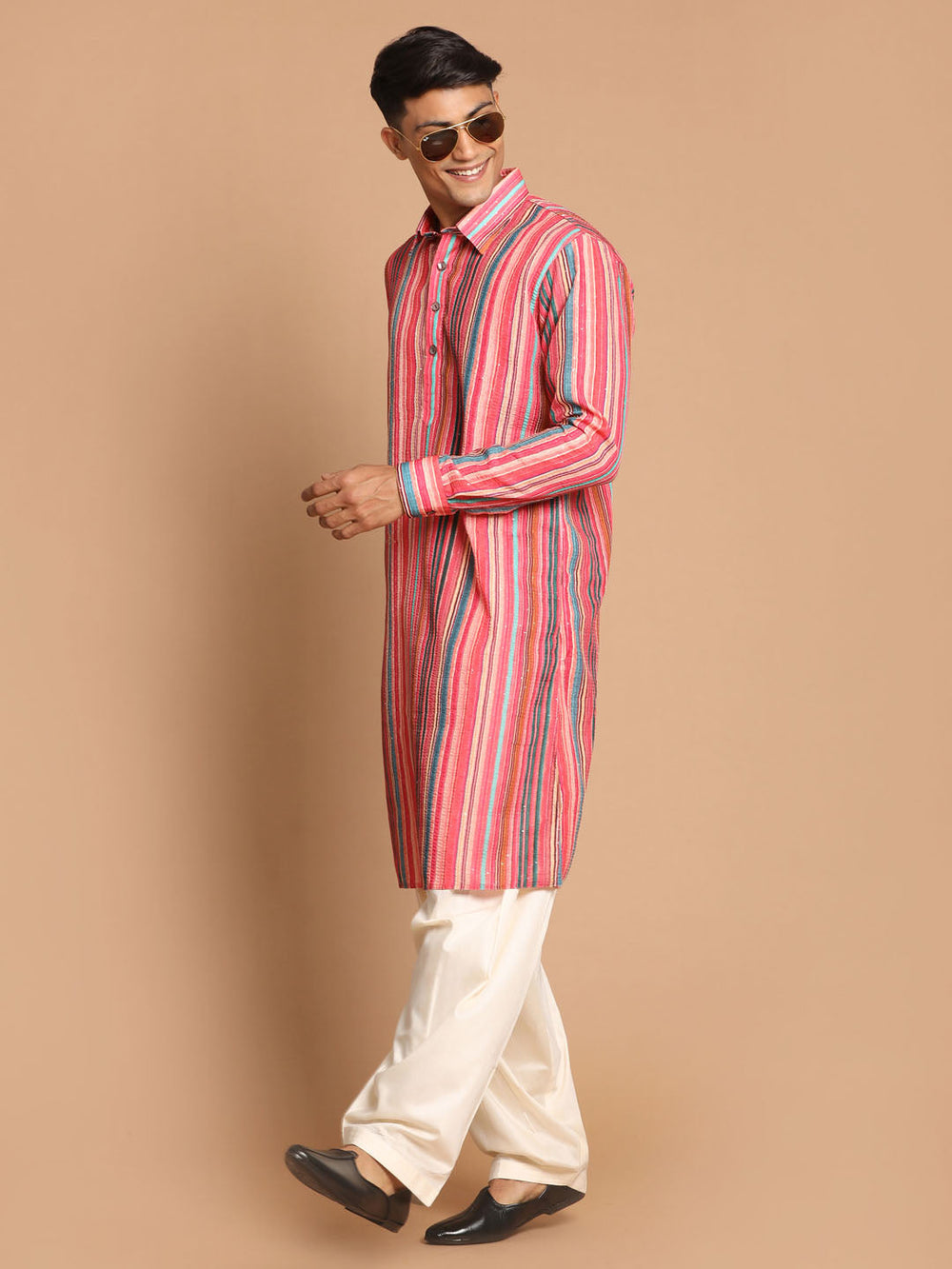 Sarvati Men's Multi-Color Embellished Kurta With Cream Patiala Pyjama